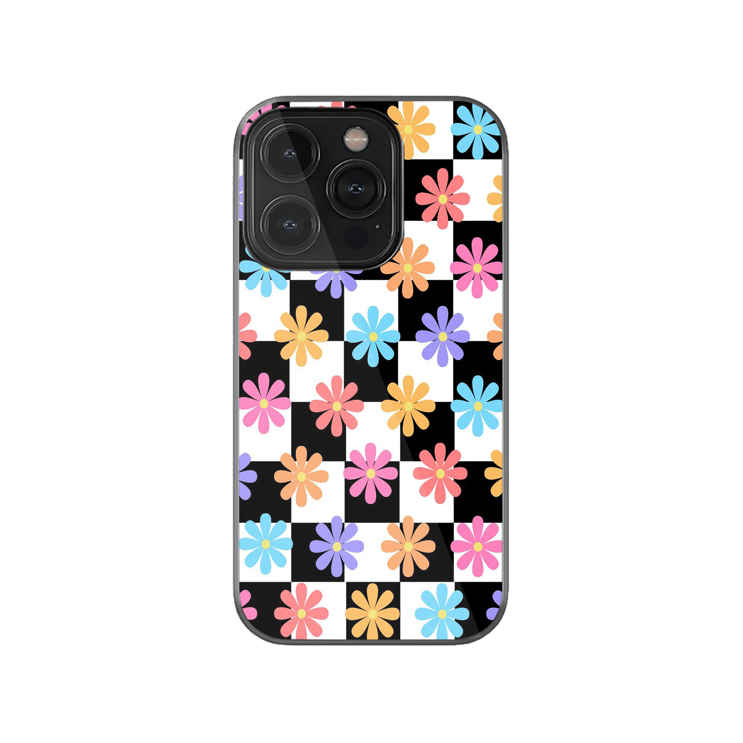 Bright Flowers On Black & White Checkered Case