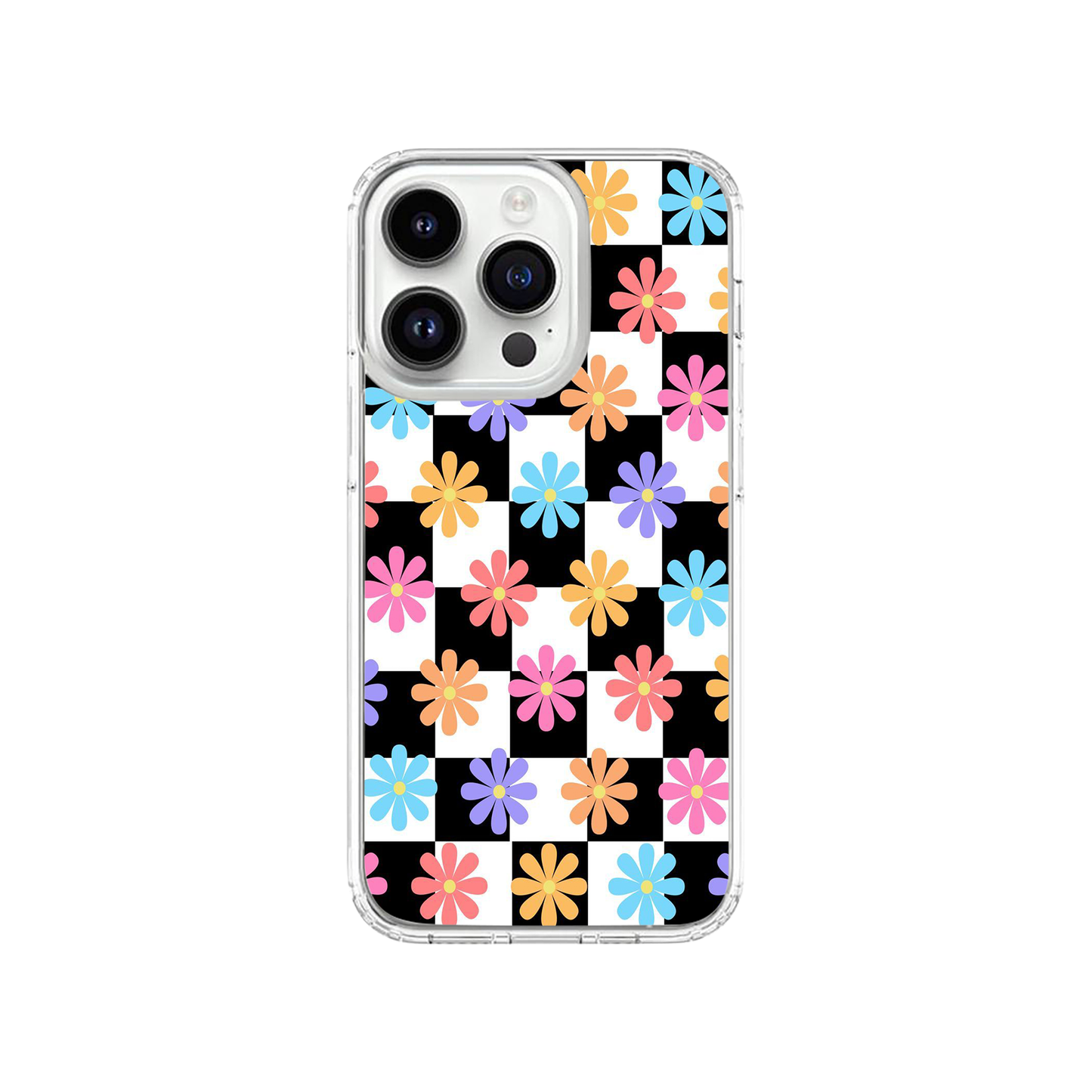 Bright Flowers On Black & White Checkered Case