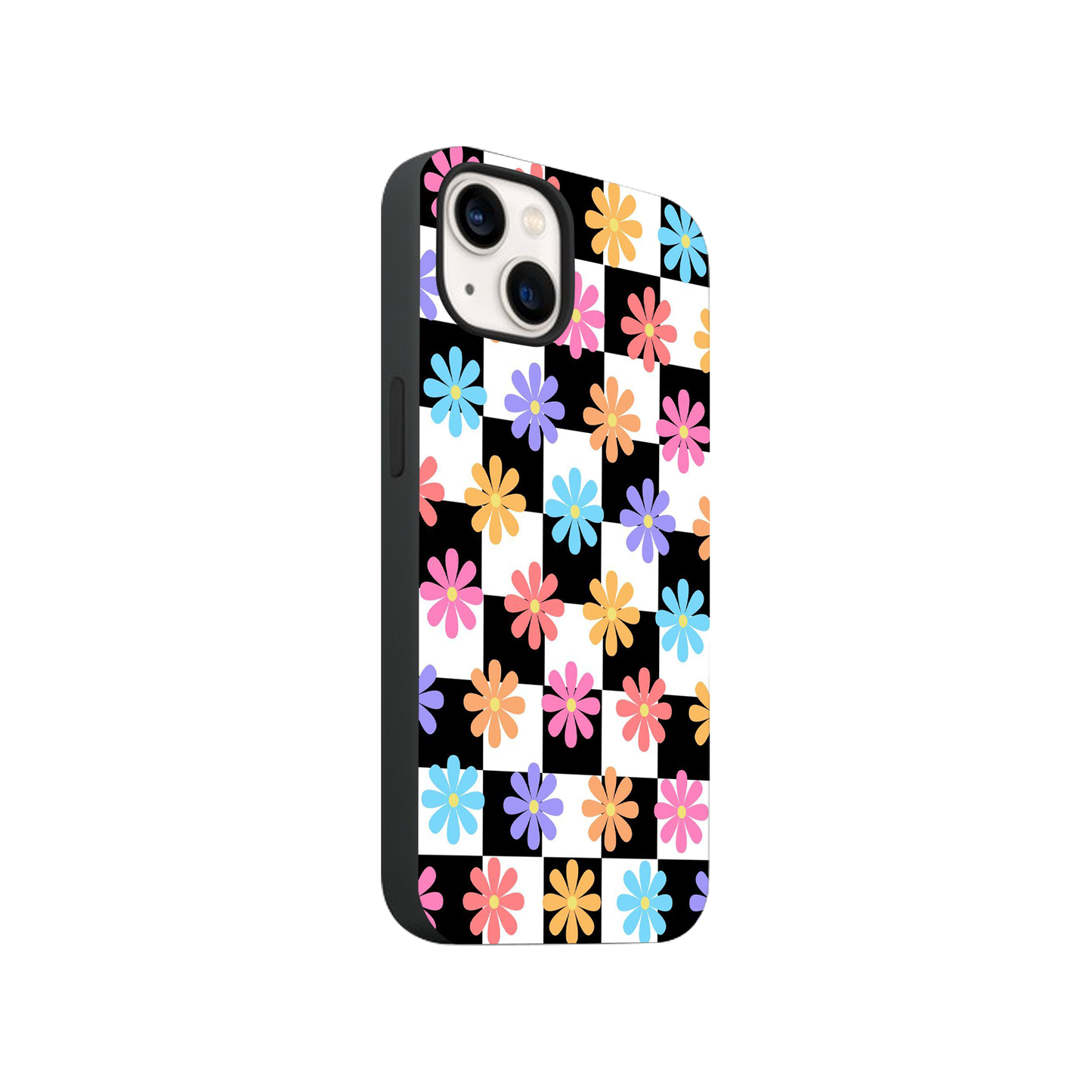 Bright Flowers On Black & White Checkered Case