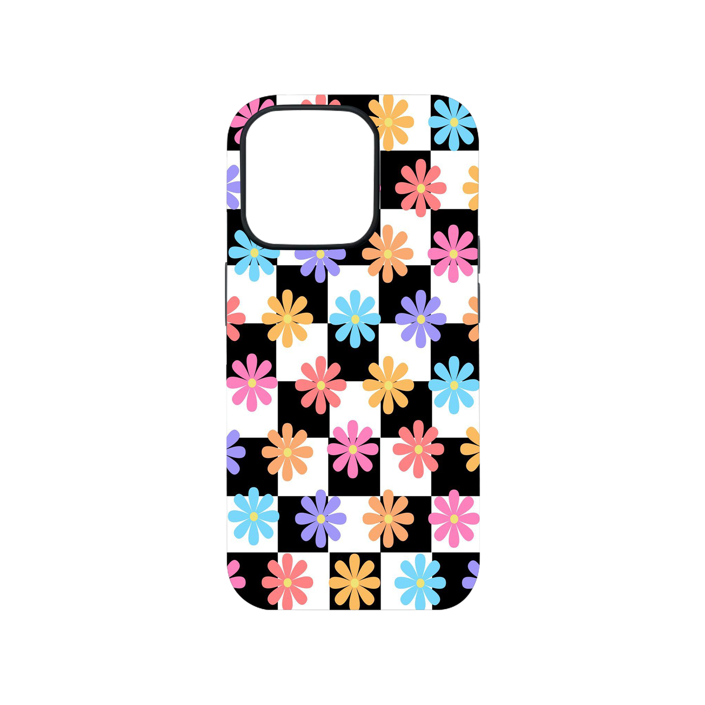 Bright Flowers On Black & White Checkered Case